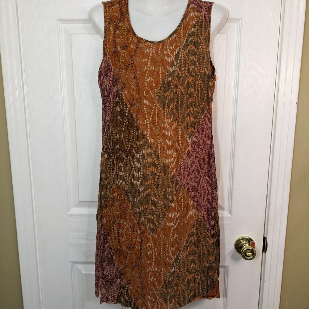 Tess Dress Vintage 100% Silk Geometric Dots Orange Sleeveless Midi Dress- 8 Flaw